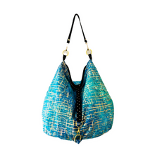 Load image into Gallery viewer, Beautiful black, gold and blue reversible bag