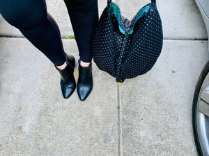 Beautiful black, gold and blue reversible bag